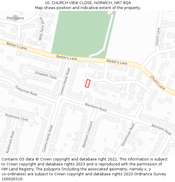 10, CHURCH VIEW CLOSE, NORWICH, NR7 8QA: Location map and indicative extent of plot