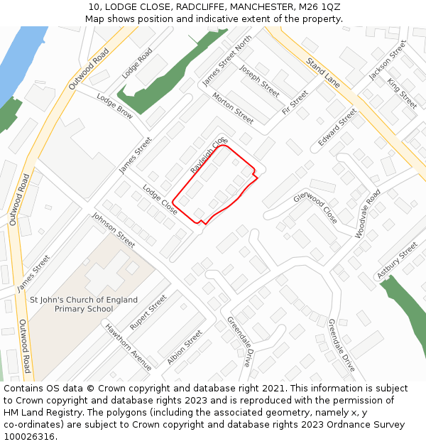 10, LODGE CLOSE, RADCLIFFE, MANCHESTER, M26 1QZ: Location map and indicative extent of plot