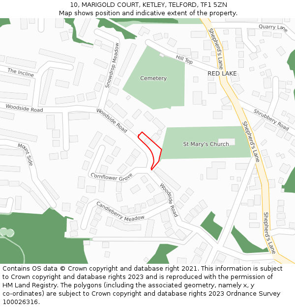 10, MARIGOLD COURT, KETLEY, TELFORD, TF1 5ZN: Location map and indicative extent of plot