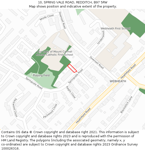 10, SPRING VALE ROAD, REDDITCH, B97 5RW: Location map and indicative extent of plot
