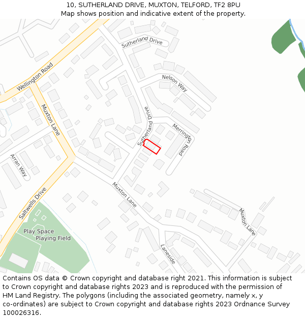 10, SUTHERLAND DRIVE, MUXTON, TELFORD, TF2 8PU: Location map and indicative extent of plot