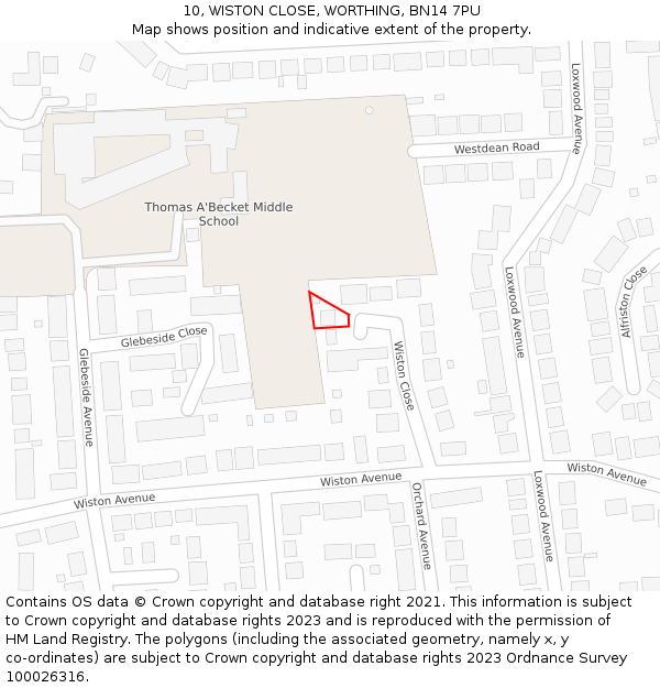 10, WISTON CLOSE, WORTHING, BN14 7PU: Location map and indicative extent of plot