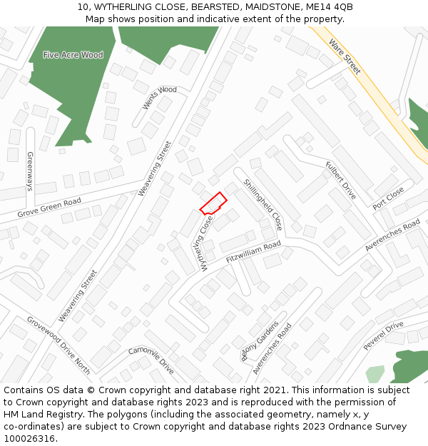10, WYTHERLING CLOSE, BEARSTED, MAIDSTONE, ME14 4QB: Location map and indicative extent of plot