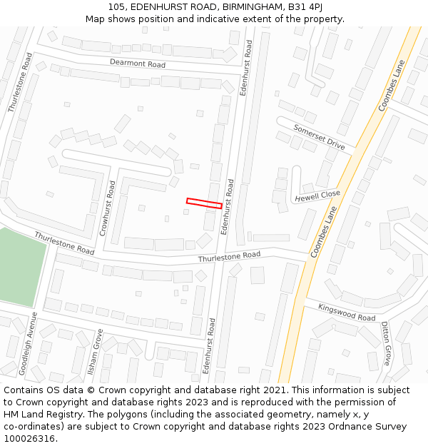 105, EDENHURST ROAD, BIRMINGHAM, B31 4PJ: Location map and indicative extent of plot