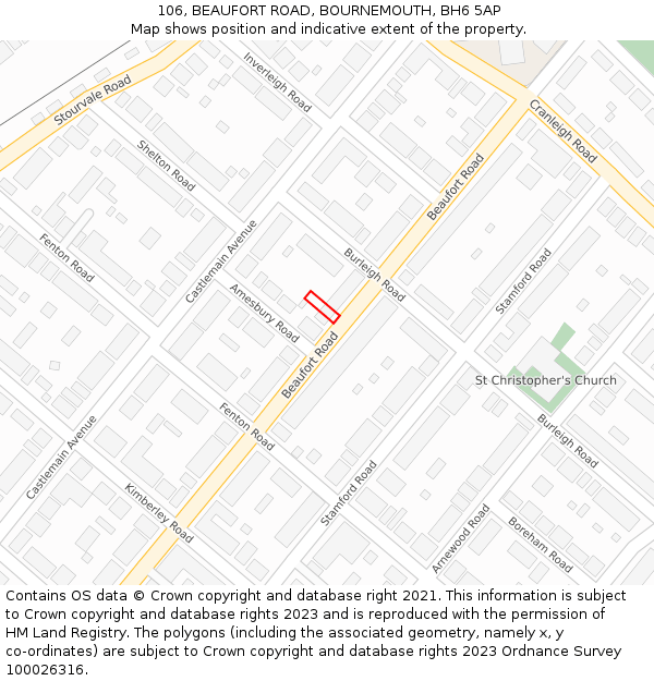 106, BEAUFORT ROAD, BOURNEMOUTH, BH6 5AP: Location map and indicative extent of plot