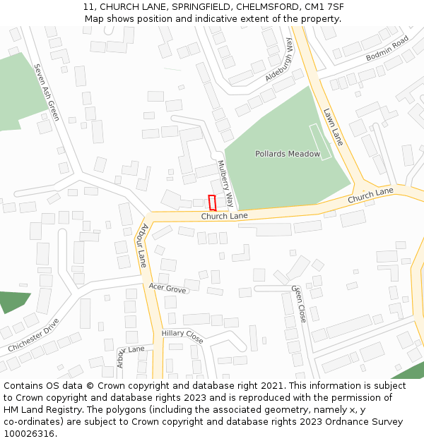 11, CHURCH LANE, SPRINGFIELD, CHELMSFORD, CM1 7SF: Location map and indicative extent of plot