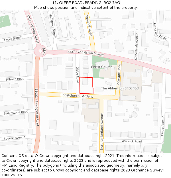 11, GLEBE ROAD, READING, RG2 7AG: Location map and indicative extent of plot