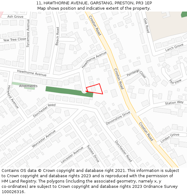 11, HAWTHORNE AVENUE, GARSTANG, PRESTON, PR3 1EP: Location map and indicative extent of plot