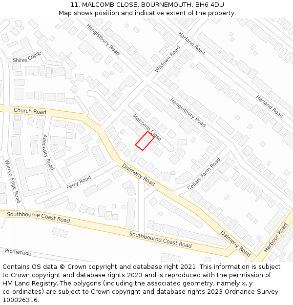 11, MALCOMB CLOSE, BOURNEMOUTH, BH6 4DU: Location map and indicative extent of plot