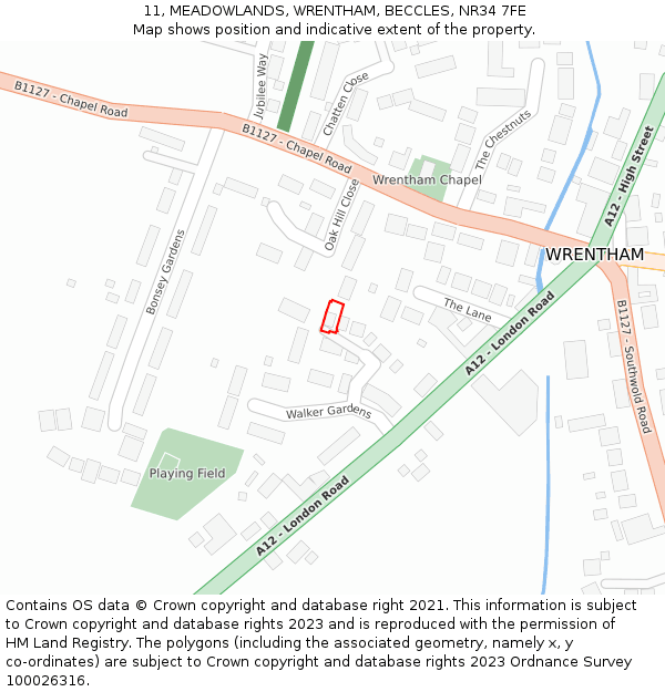 11, MEADOWLANDS, WRENTHAM, BECCLES, NR34 7FE: Location map and indicative extent of plot