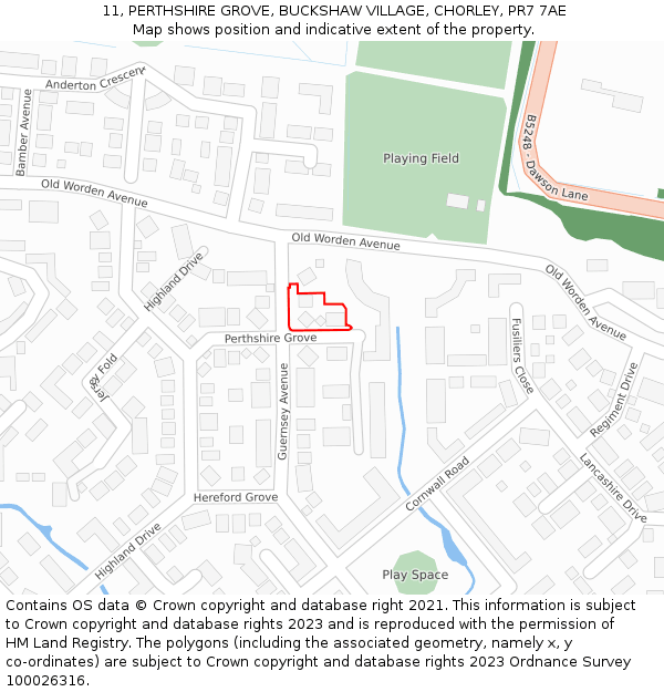 11, PERTHSHIRE GROVE, BUCKSHAW VILLAGE, CHORLEY, PR7 7AE: Location map and indicative extent of plot