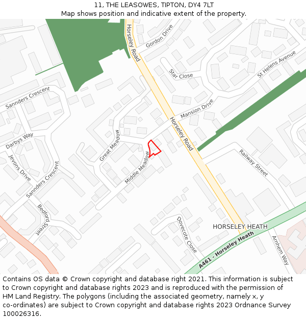 11, THE LEASOWES, TIPTON, DY4 7LT: Location map and indicative extent of plot