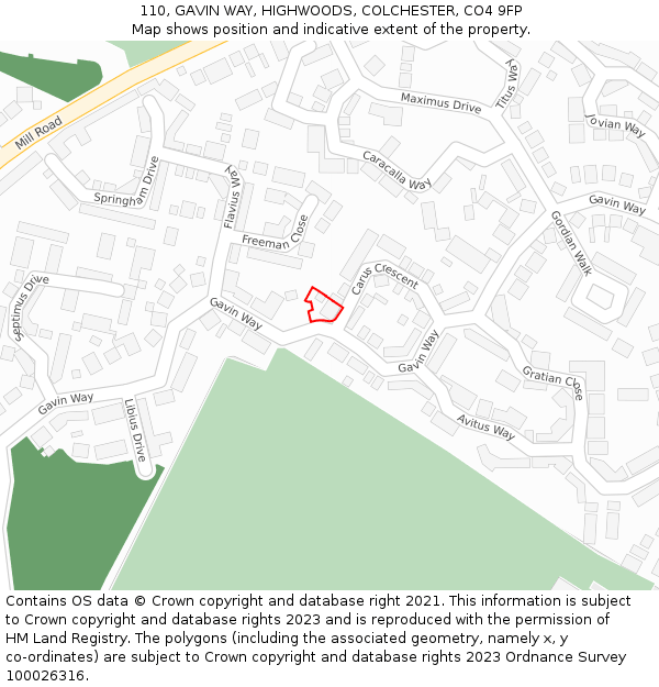 110, GAVIN WAY, HIGHWOODS, COLCHESTER, CO4 9FP: Location map and indicative extent of plot
