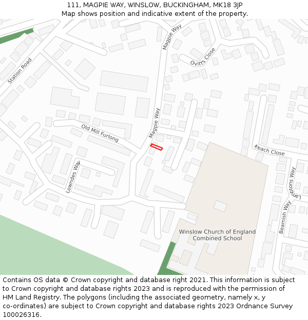 111, MAGPIE WAY, WINSLOW, BUCKINGHAM, MK18 3JP: Location map and indicative extent of plot