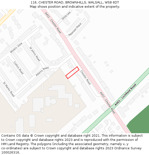 116, CHESTER ROAD, BROWNHILLS, WALSALL, WS8 6DT: Location map and indicative extent of plot