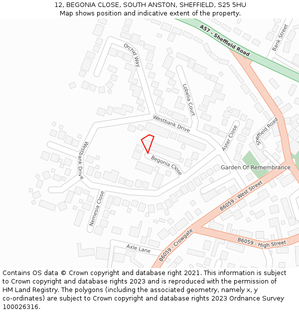 12, BEGONIA CLOSE, SOUTH ANSTON, SHEFFIELD, S25 5HU: Location map and indicative extent of plot