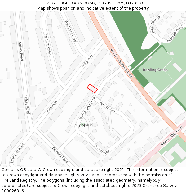 12, GEORGE DIXON ROAD, BIRMINGHAM, B17 8LQ: Location map and indicative extent of plot