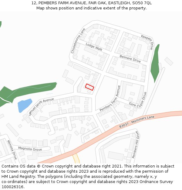 12, PEMBERS FARM AVENUE, FAIR OAK, EASTLEIGH, SO50 7QL: Location map and indicative extent of plot