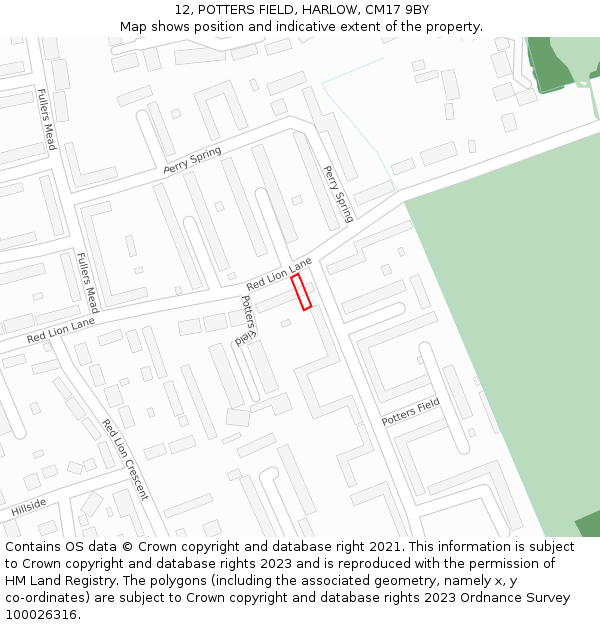 12, POTTERS FIELD, HARLOW, CM17 9BY: Location map and indicative extent of plot