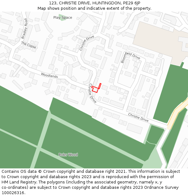 123, CHRISTIE DRIVE, HUNTINGDON, PE29 6JP: Location map and indicative extent of plot