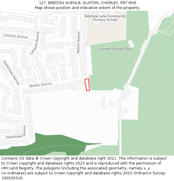 127, BREDON AVENUE, EUXTON, CHORLEY, PR7 6NS: Location map and indicative extent of plot