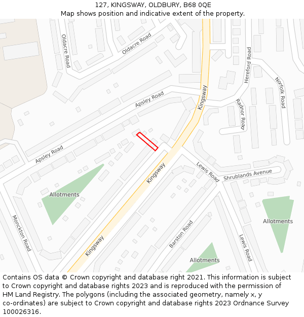 127, KINGSWAY, OLDBURY, B68 0QE: Location map and indicative extent of plot