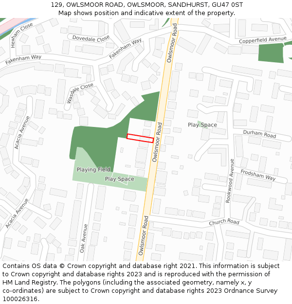 129, OWLSMOOR ROAD, OWLSMOOR, SANDHURST, GU47 0ST: Location map and indicative extent of plot