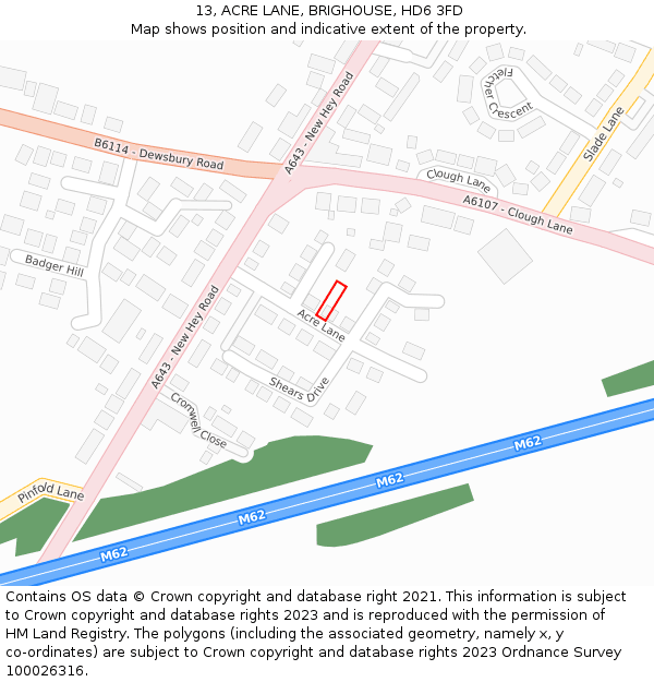13, ACRE LANE, BRIGHOUSE, HD6 3FD: Location map and indicative extent of plot