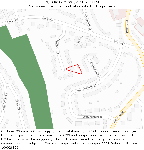 13, FAIROAK CLOSE, KENLEY, CR8 5LJ: Location map and indicative extent of plot