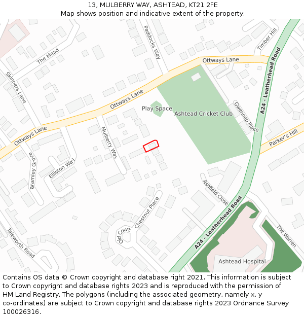 13, MULBERRY WAY, ASHTEAD, KT21 2FE: Location map and indicative extent of plot