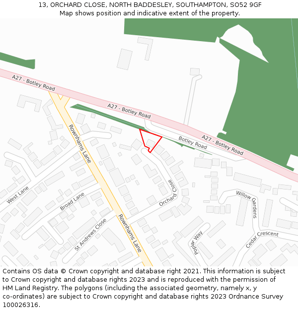 13, ORCHARD CLOSE, NORTH BADDESLEY, SOUTHAMPTON, SO52 9GF: Location map and indicative extent of plot