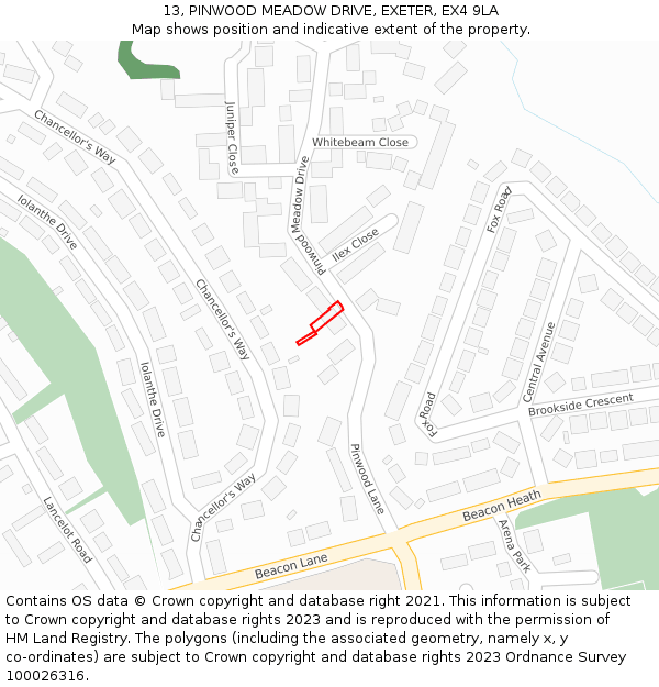 13, PINWOOD MEADOW DRIVE, EXETER, EX4 9LA: Location map and indicative extent of plot