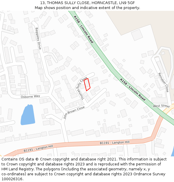 13, THOMAS SULLY CLOSE, HORNCASTLE, LN9 5GF: Location map and indicative extent of plot