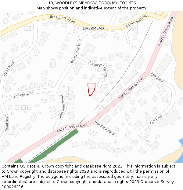 13, WOODLEYS MEADOW, TORQUAY, TQ2 6TS: Location map and indicative extent of plot