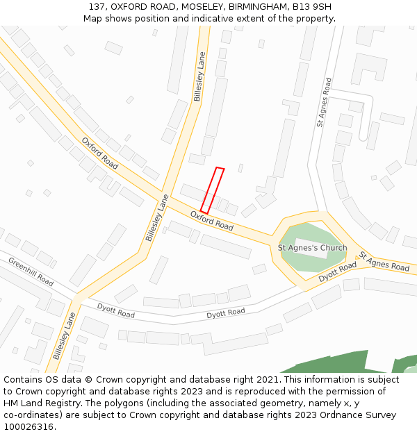 137, OXFORD ROAD, MOSELEY, BIRMINGHAM, B13 9SH: Location map and indicative extent of plot