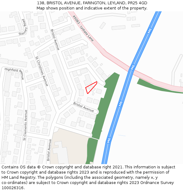 138, BRISTOL AVENUE, FARINGTON, LEYLAND, PR25 4GD: Location map and indicative extent of plot