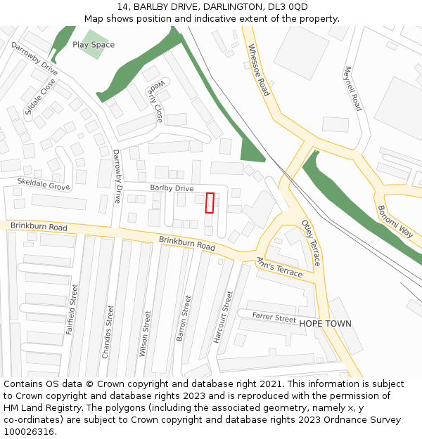 14, BARLBY DRIVE, DARLINGTON, DL3 0QD: Location map and indicative extent of plot