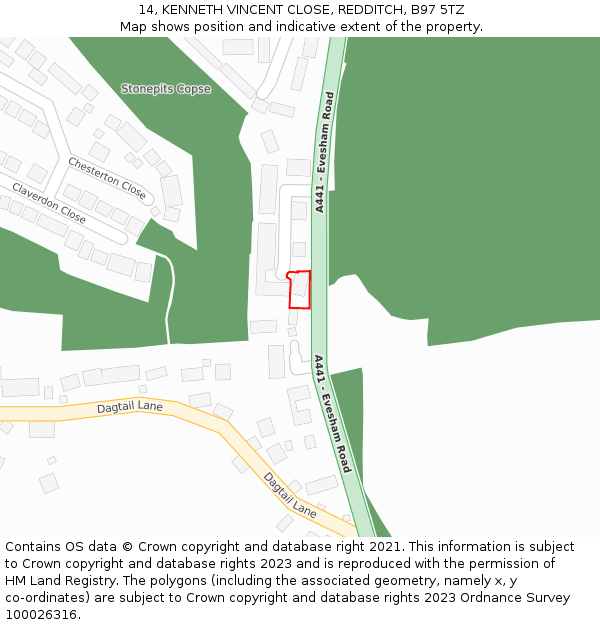 14, KENNETH VINCENT CLOSE, REDDITCH, B97 5TZ: Location map and indicative extent of plot