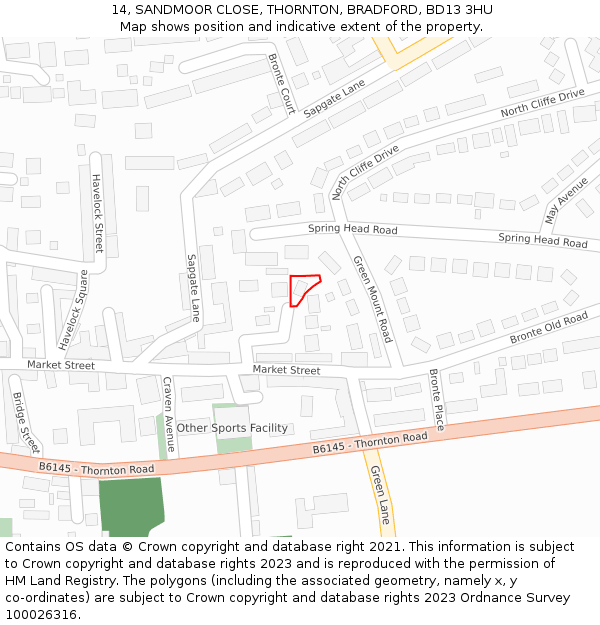 14, SANDMOOR CLOSE, THORNTON, BRADFORD, BD13 3HU: Location map and indicative extent of plot