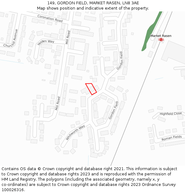 149, GORDON FIELD, MARKET RASEN, LN8 3AE: Location map and indicative extent of plot