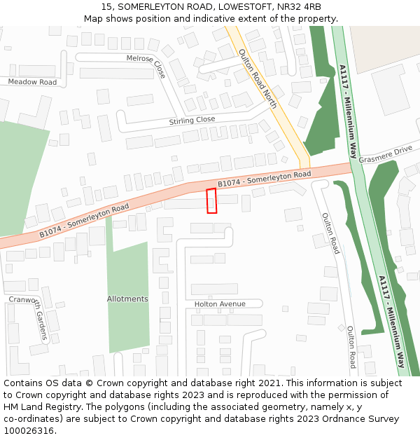 15, SOMERLEYTON ROAD, LOWESTOFT, NR32 4RB: Location map and indicative extent of plot