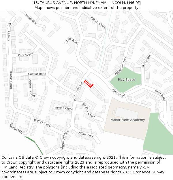 15, TAURUS AVENUE, NORTH HYKEHAM, LINCOLN, LN6 9FJ: Location map and indicative extent of plot
