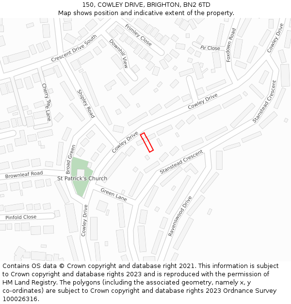 150, COWLEY DRIVE, BRIGHTON, BN2 6TD: Location map and indicative extent of plot