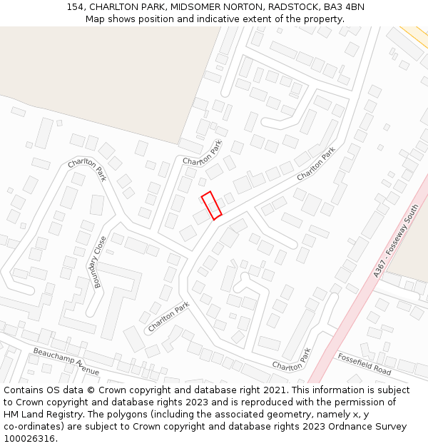 154, CHARLTON PARK, MIDSOMER NORTON, RADSTOCK, BA3 4BN: Location map and indicative extent of plot