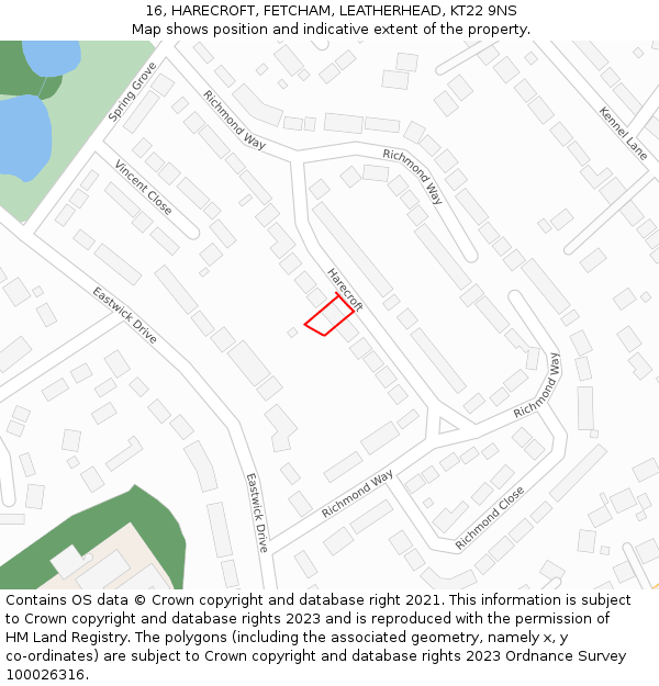 16, HARECROFT, FETCHAM, LEATHERHEAD, KT22 9NS: Location map and indicative extent of plot