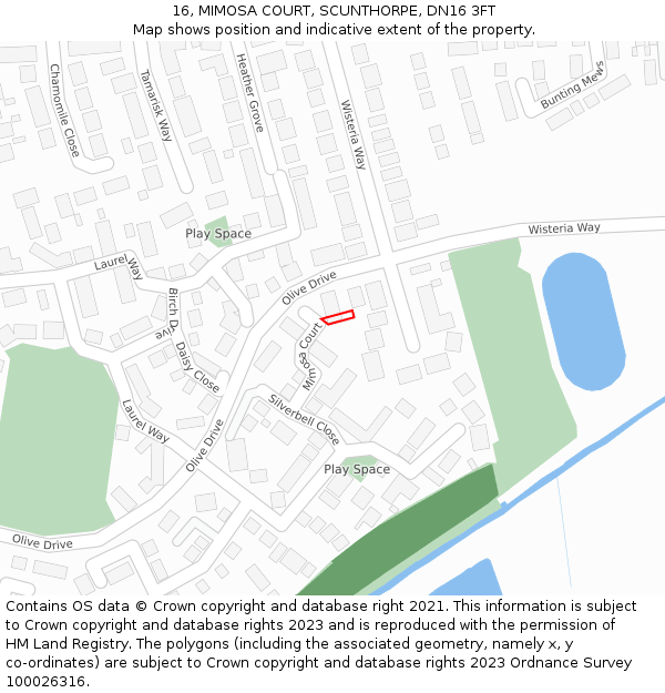 16, MIMOSA COURT, SCUNTHORPE, DN16 3FT: Location map and indicative extent of plot