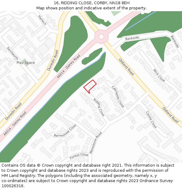16, RIDDING CLOSE, CORBY, NN18 8EH: Location map and indicative extent of plot