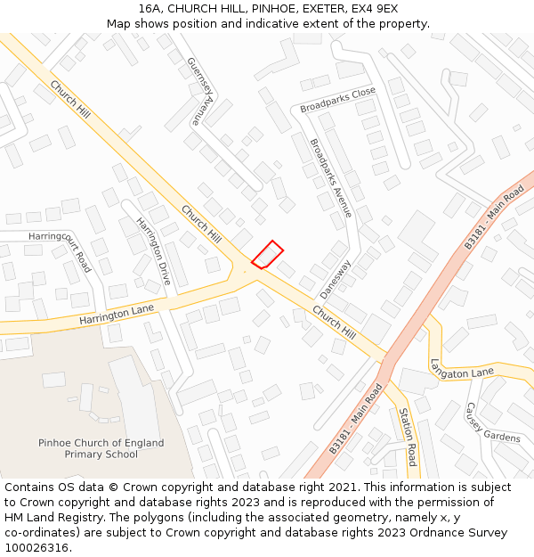 16A, CHURCH HILL, PINHOE, EXETER, EX4 9EX: Location map and indicative extent of plot