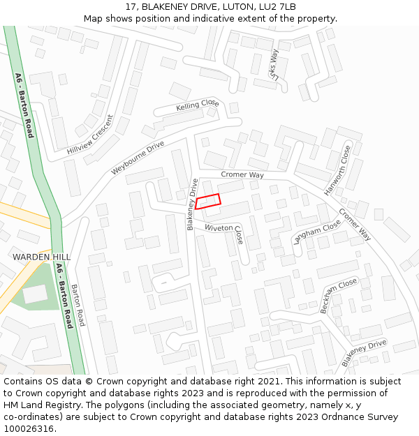 17, BLAKENEY DRIVE, LUTON, LU2 7LB: Location map and indicative extent of plot