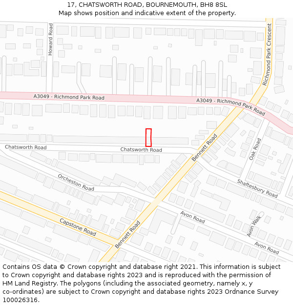 17, CHATSWORTH ROAD, BOURNEMOUTH, BH8 8SL: Location map and indicative extent of plot